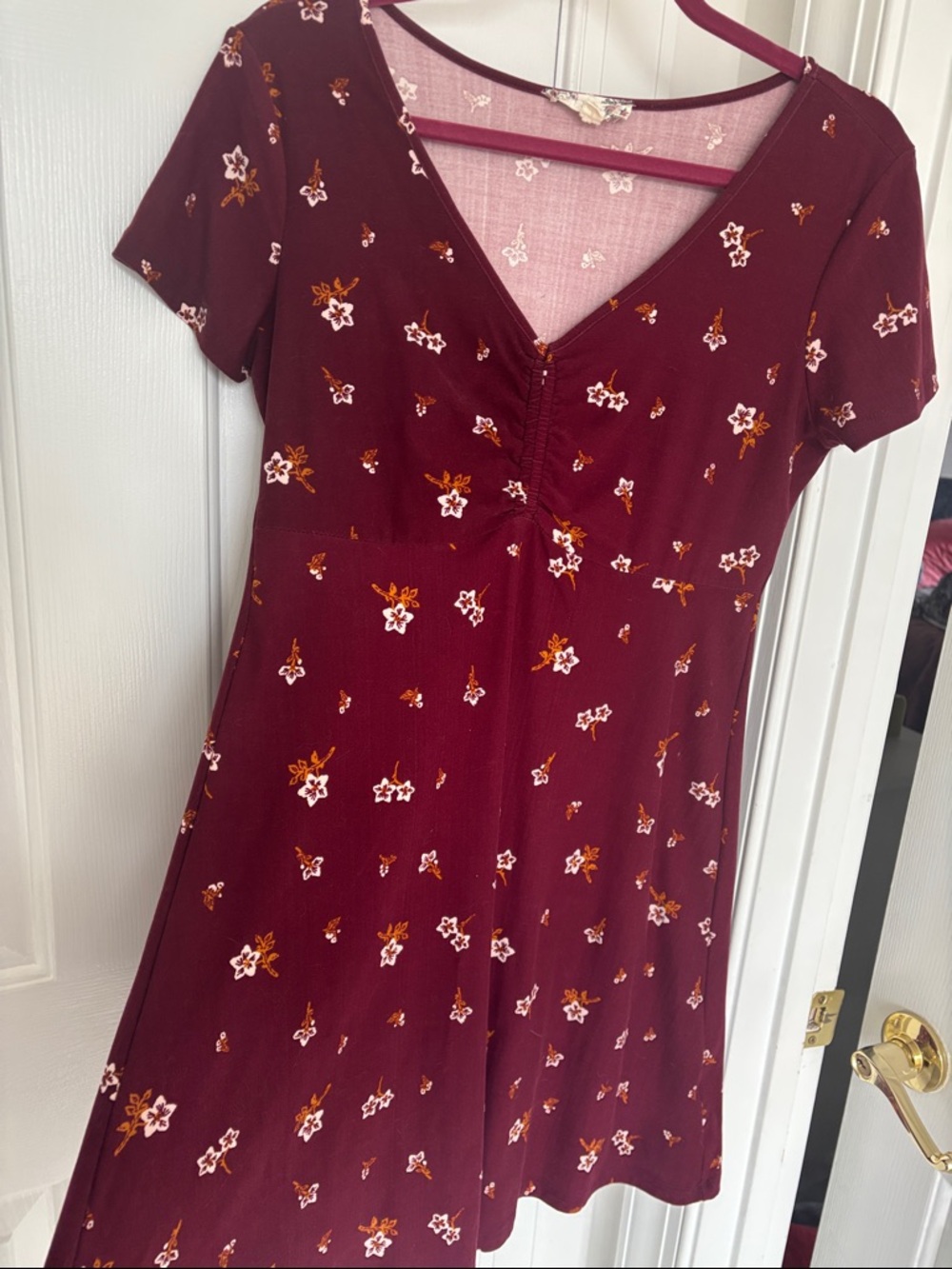 “Pink Rose” Burgundy Floral V-Neck Dress